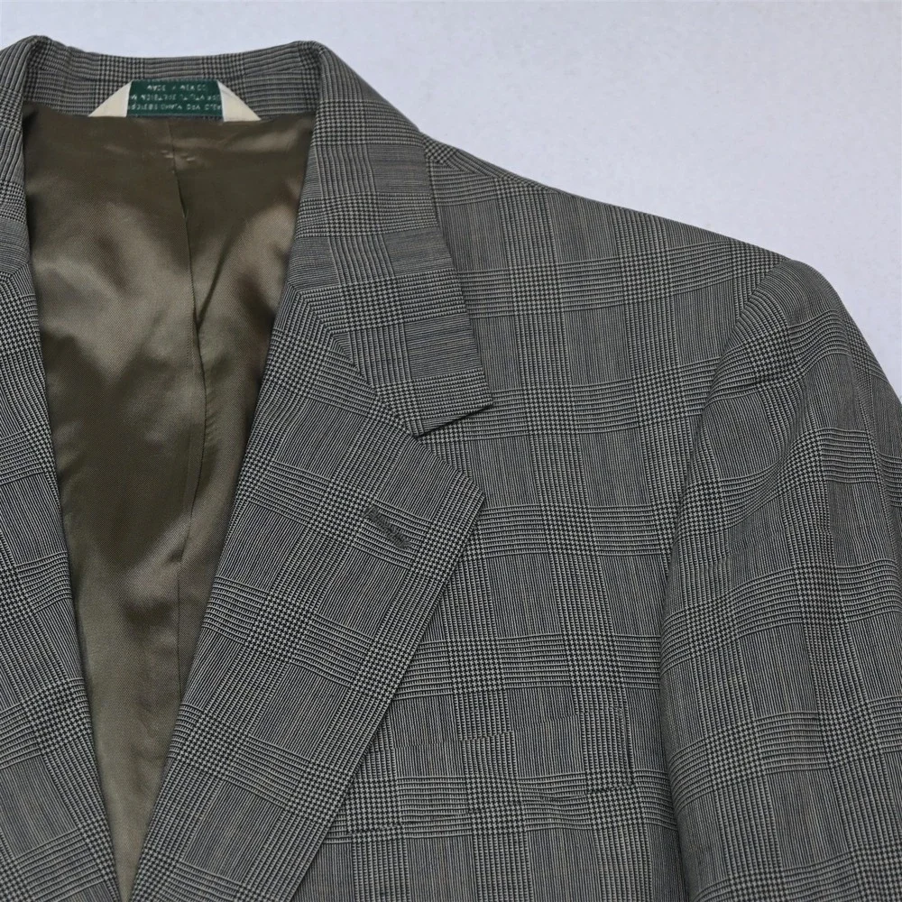Vtg USA Made 42S 34x29 Brown Glenn Check 100% Wool Mens Jacket Pants Suit